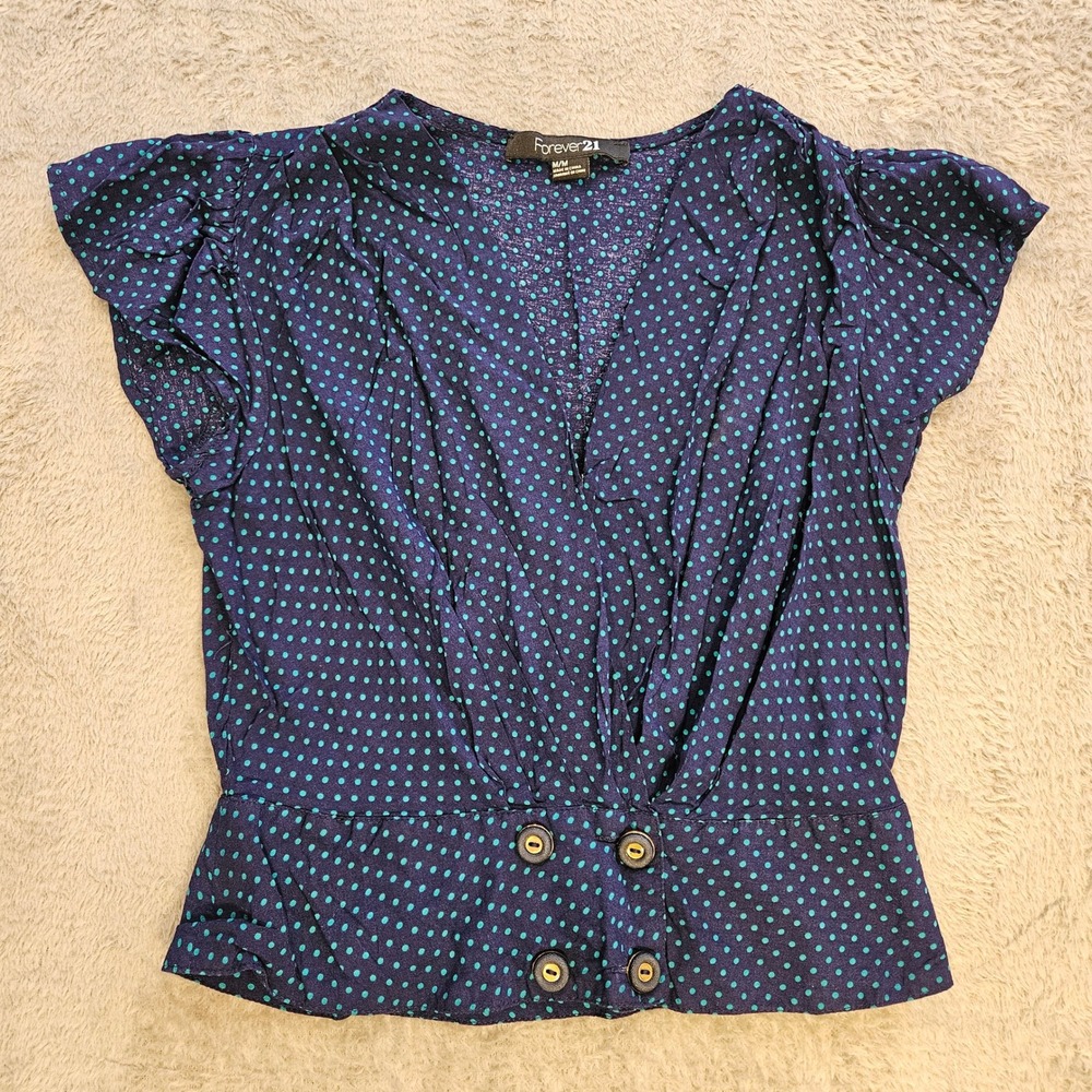 Forever 21 Navy Blue Teal Polka Dot Peplum Top V-Neck Cap‎ Sleeve Blouse  Medium